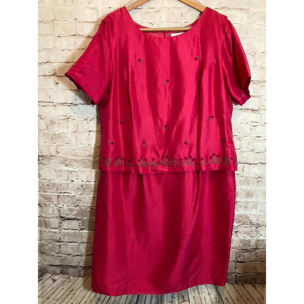 Vintage Megan Lee Silk Dress Womens 18W Hot Pink Beaded Florals Layered Tiered